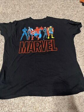 Marvel Black Tee with Embroidered Red Logo and Multicolor Superheroes